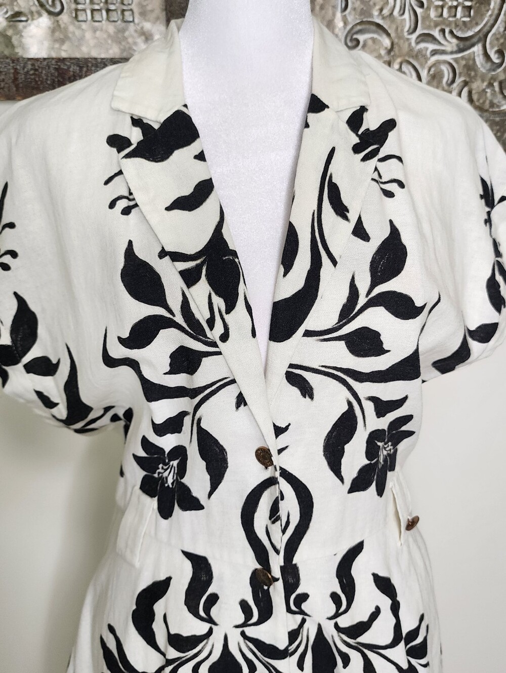 Zara Cream & Black Floral Linen Blend Button-Front Fit-and-Flare Dress Large - Picture 8 of 16